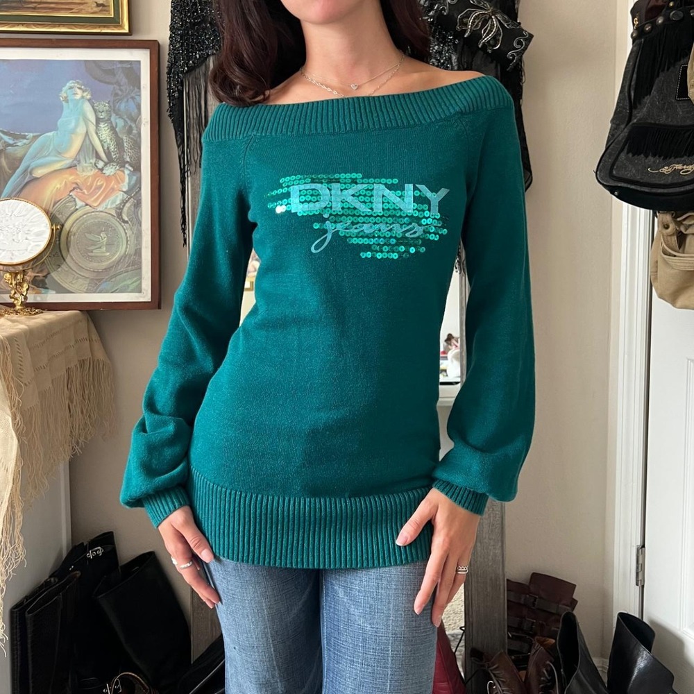 DKNY Jeans Teal Off The Shoulder Sequin Logo Sweater Open Back Bow Y2K Medium
